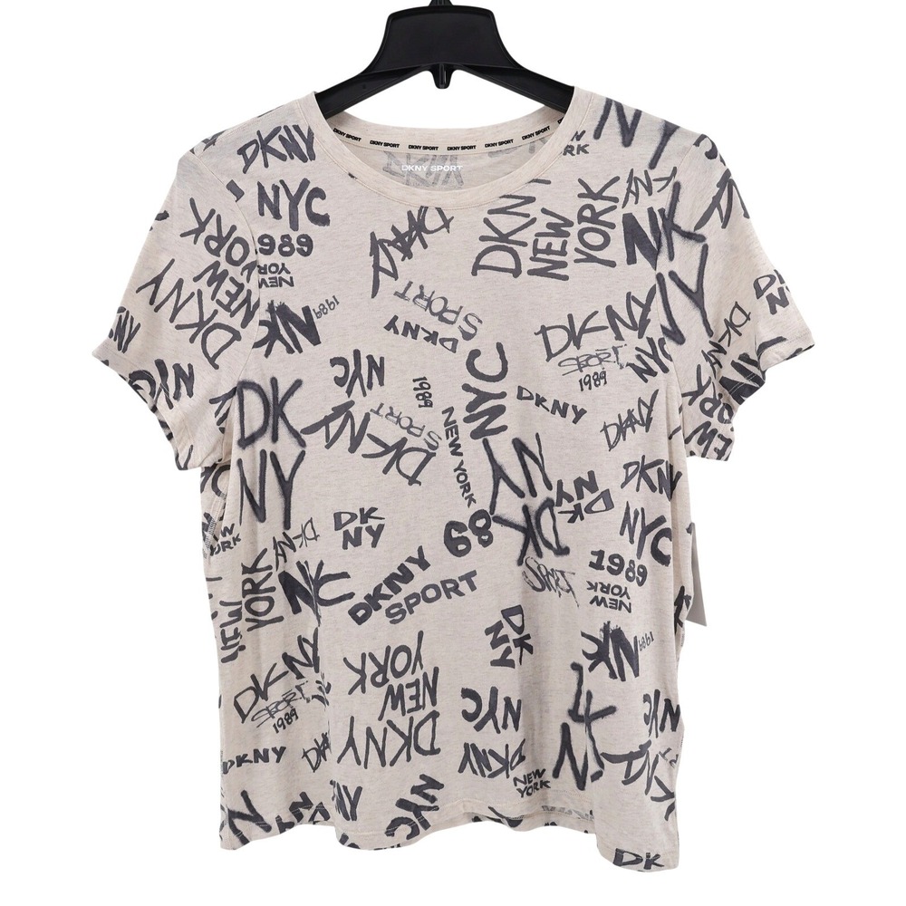 NEW DKNY Sport Graffiti Print T-Shirt Oatmeal Mens XL Short Sleeve Crew Neck